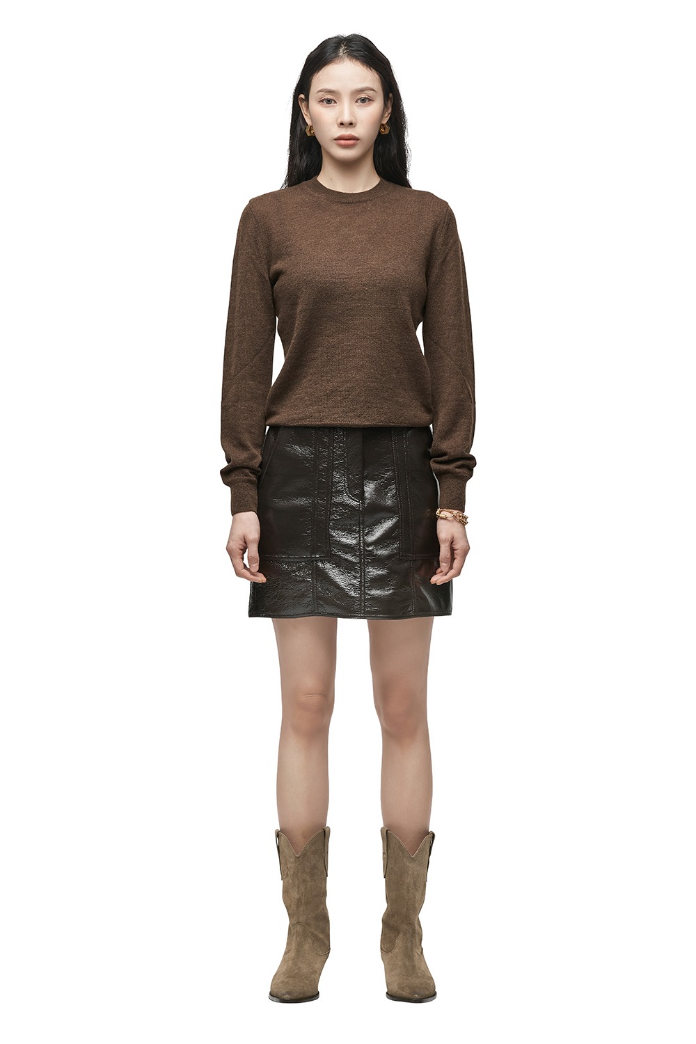 GLOSSED FAUX LEATHER MINI SKIRT (BROWN)